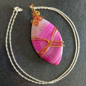 Pink agate copper gold wire wrapped sterling silver necklace new handmade 22"